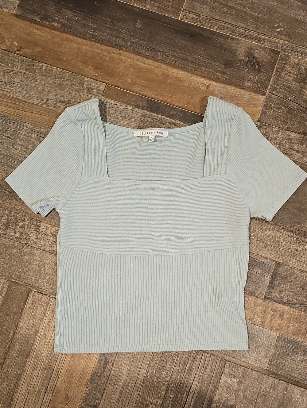 Celebrity Pink Light Blue Ribbed Square Neck Short Sleeve Top